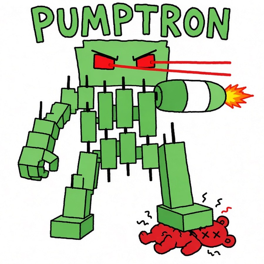 Crude MS Paint drawing: a green candlestick robot with red laser eyes and a pill cannon stomping a red bear