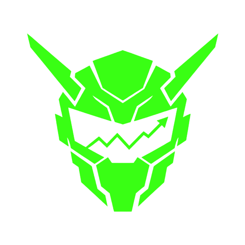 PUMPTRON: a neon green horned robot head with an up-only chart line for a visor